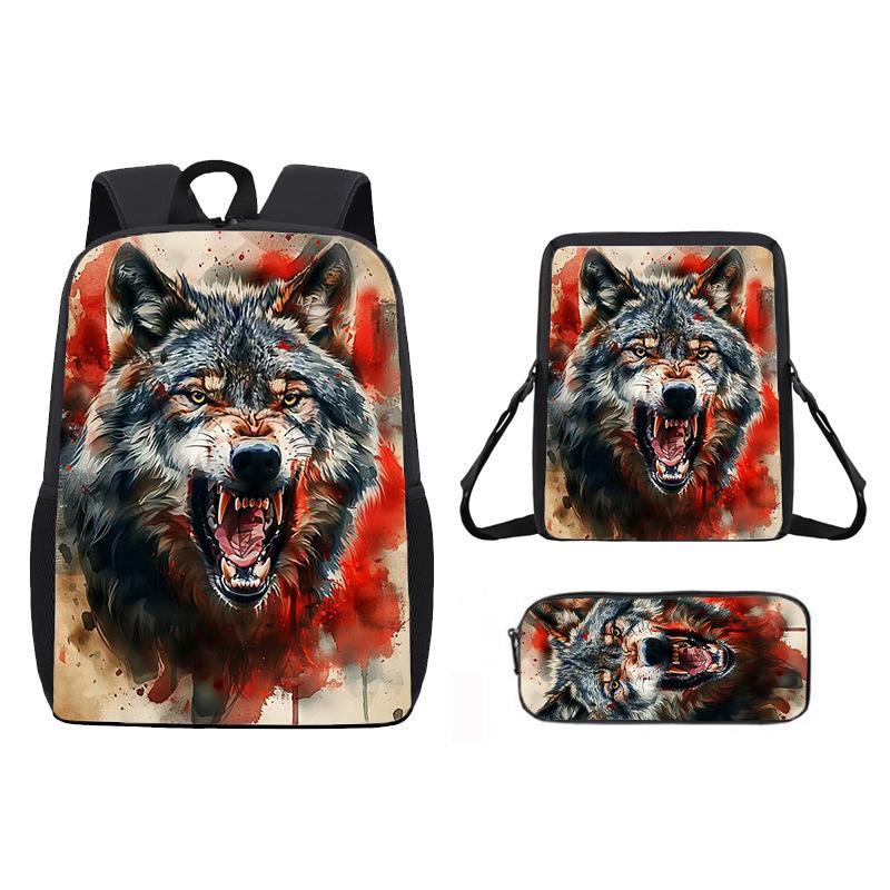 Zaino Stampato con Animale Lupo da 17 Pollici Zaino per Studenti Maschi e Femmine Zaino Scolastico per Bambini Set da Tre Pezzi