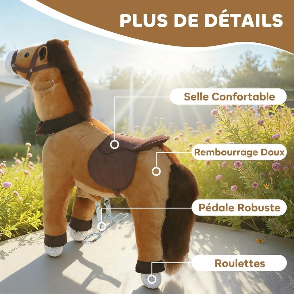Ride-On Horse for Children, Plush Horse on Wheels, Handle, 75 cm Tall, Ages 3-5, Brown