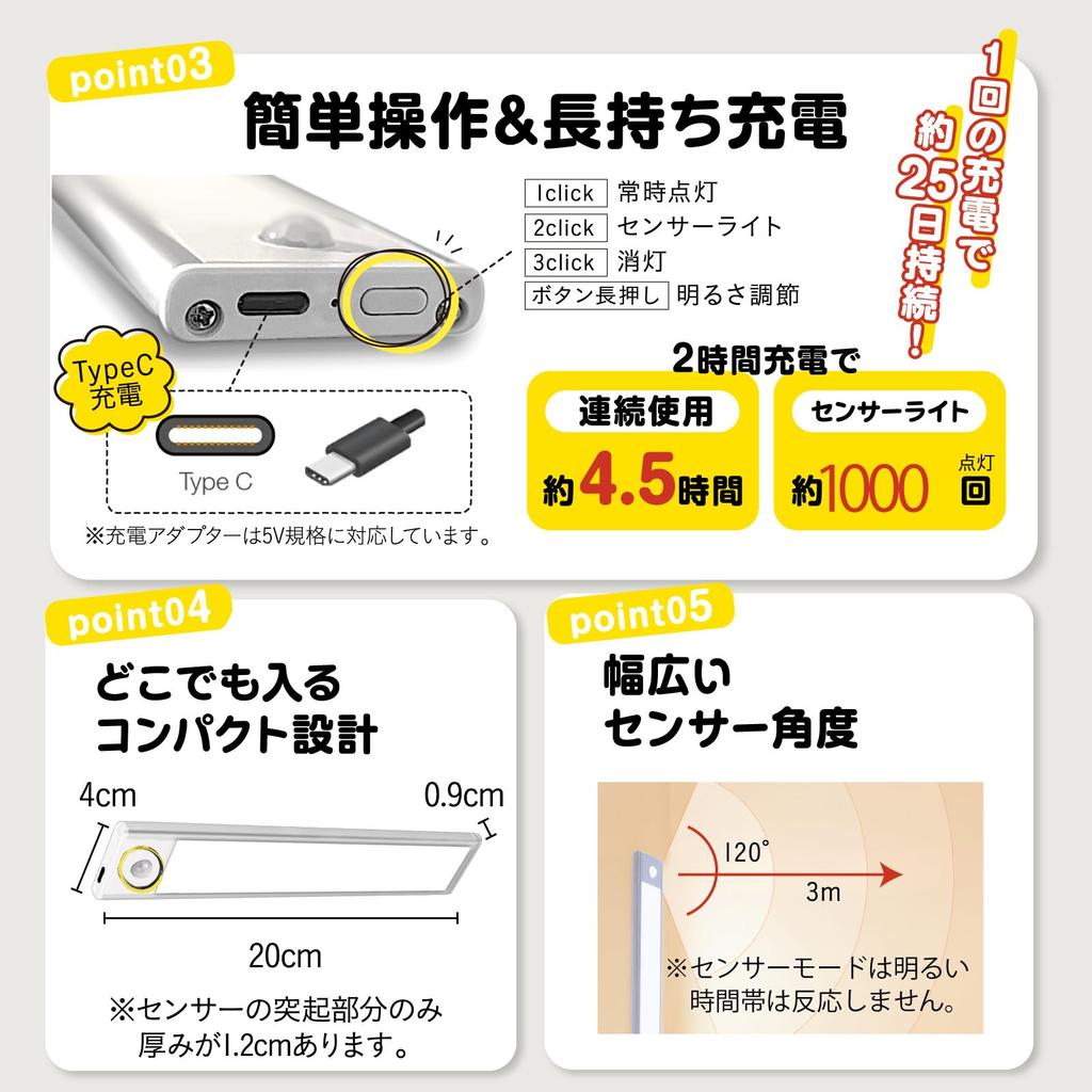 Yoruterasu Motion Sensor Light, Indoor Footlight, Type C Rechargeable, Magnetic Attachment, Soft Glow, Adjustable Brightness, CHO-JU (Daylight White,