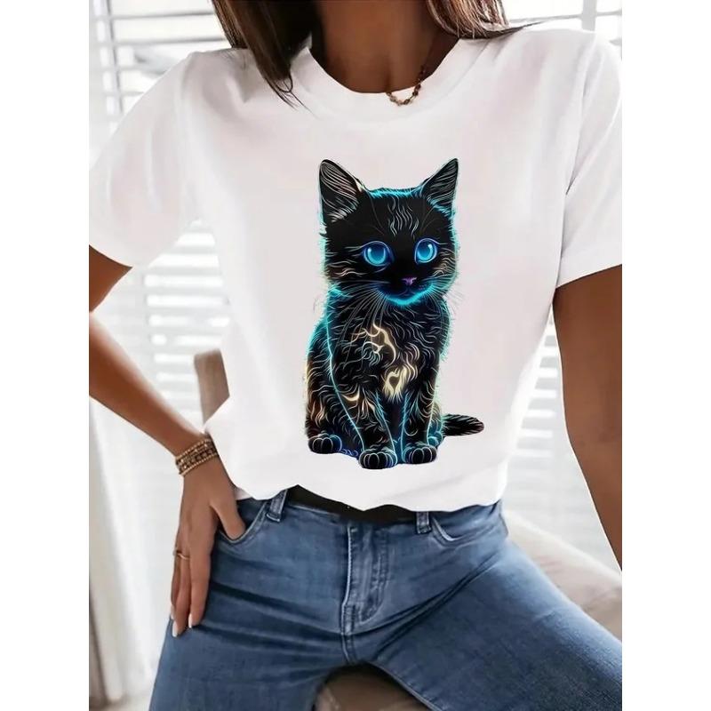 Letnie T-shirty damskie z okrągłym dekoltem i modnym nadrukiem 3D kota z krótkim rękawem