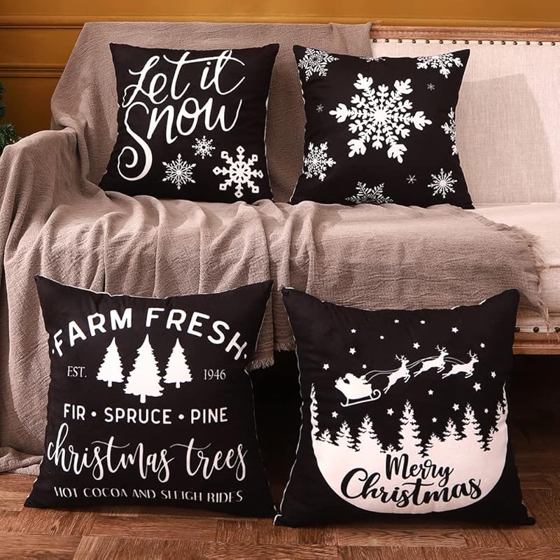 JOJOGOGO Christmas Decorations Black and White Christmas Pillow Covers 18x18 Set of 4, Black Christmas Decor Snowflake Christmas Tree Let It Snow 18  x 18  (Pack of 4)