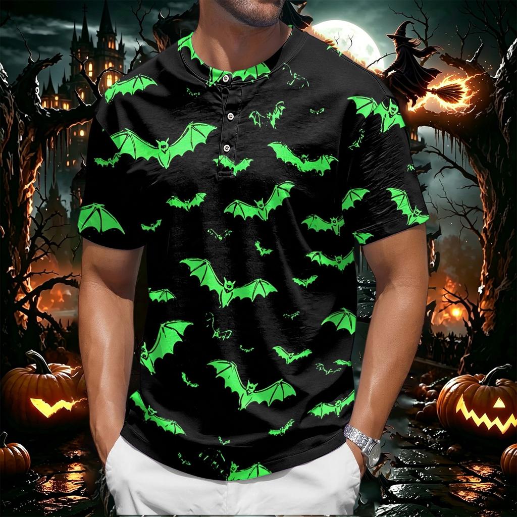 Men's Halloween Print Short Sleeve Henley Shirt Casual Round Neck Button Front Top for Seasonal Festive Wear