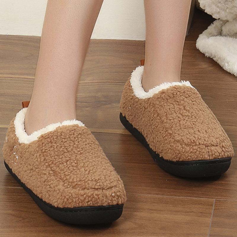 Fashion Concise Faux Lamb Wool Fur Slippers Women All Match Letter Embroidery Plush Slippers Woman Slip On Round Toe Cotton Shoes Mujer
