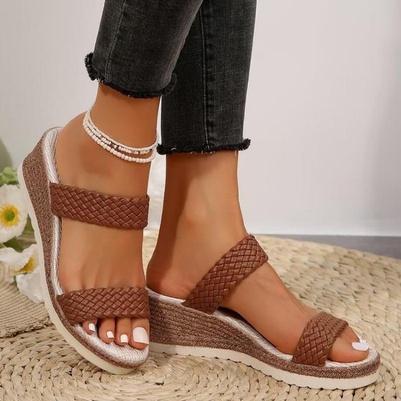 Een Nieuwe Stijl van Eendelig Geweven Diksoldige Sleehak Dames Schoenen en Sleehak Sandalen
