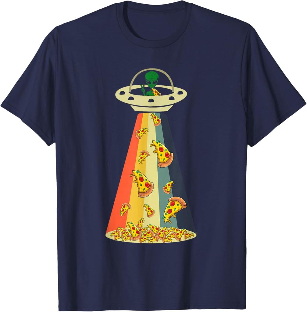 Pizza UFO Alien Abduction Graphic Retro Rainbow Light T-Shirt Funny Casual Cotton Tee