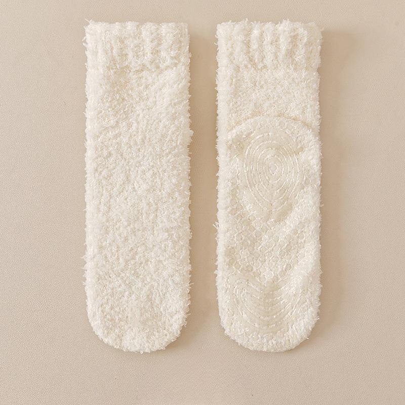 Winter and Autumn Coral Fleece Warmth-Keeping Mid-Calf Socks for Women, Home Use Anti-Slip Silicone Floor Socks