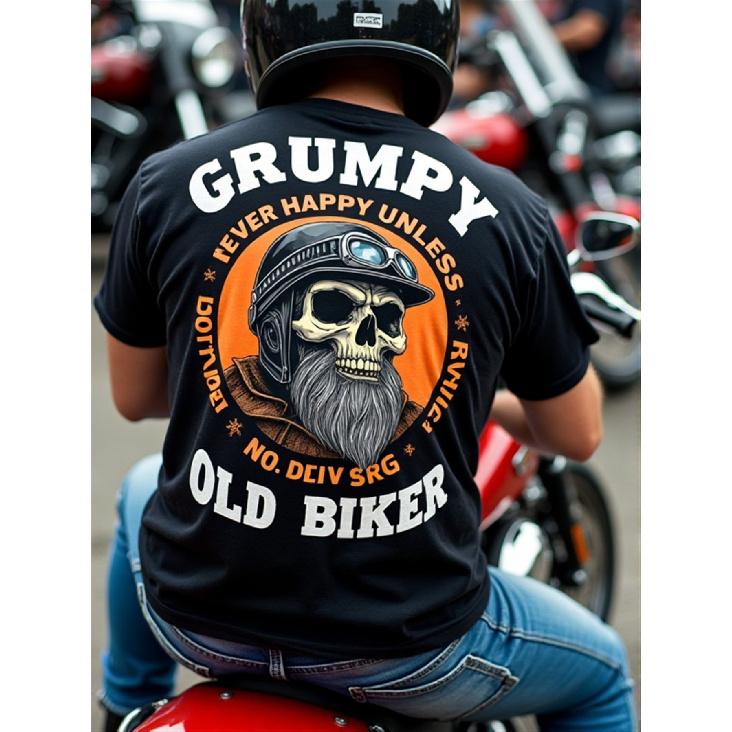 Men s Grumpy Old Biker Skull Graphic Tee, Short Sleeve Crew Neck Cotton Blend, Vintage Motorcycle Club Style Casual Wear for Riders S чёрный
