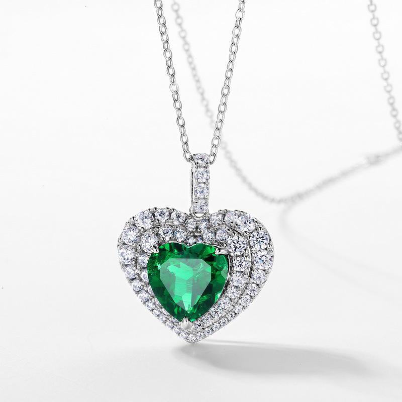 S925 Silver Lab-Grown Emerald Heart Pendant: Retro European-American Style Necklace for Women