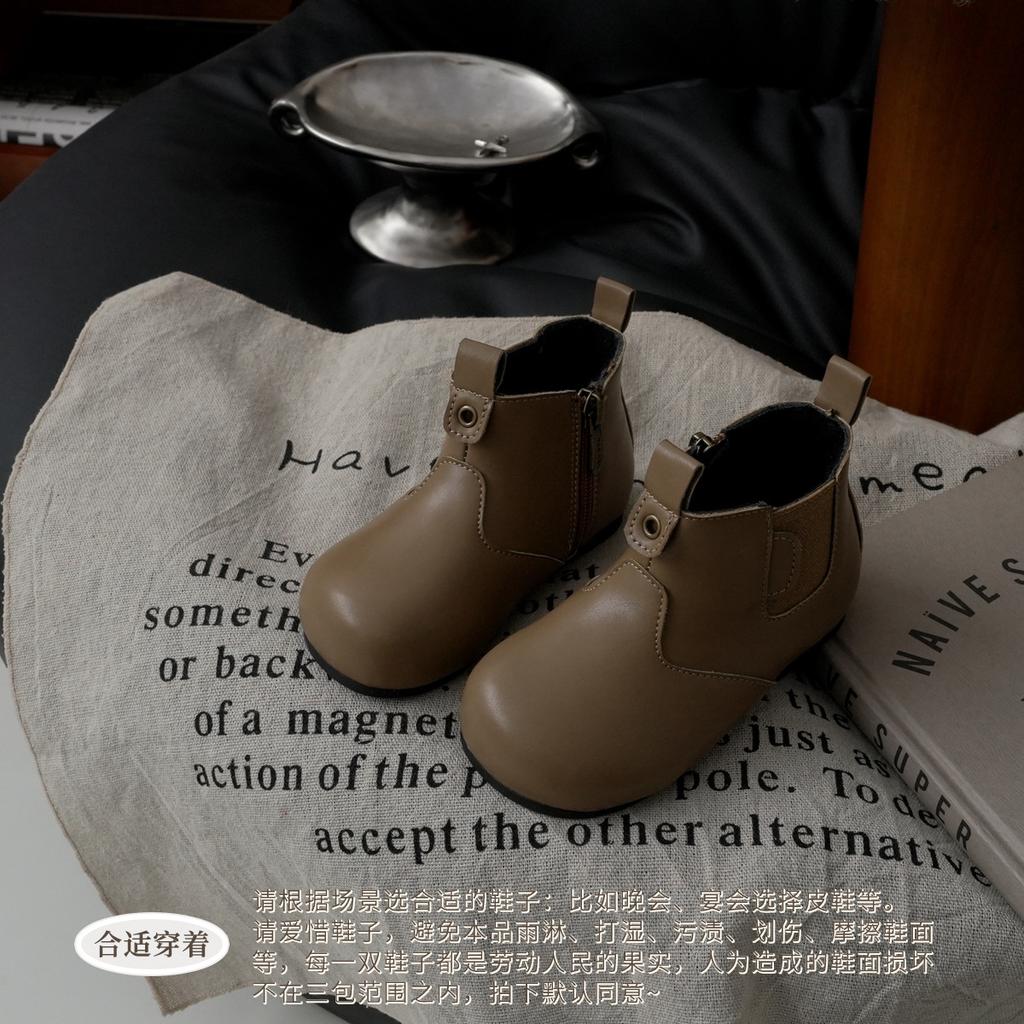 XSHX Retro "round Head Short Boots" Baby Functional Toddler Shoes Winter Velvet Boys and Girls Side Zipper 248058