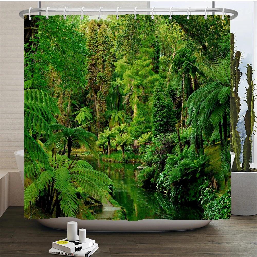 Naturwald Duschvorhang Wasserdicht Badezimmer Sichtschutz Bäume Landschaft Vorhänge Polyester Stoff Heimdekoration Badezimmer Vorhänge