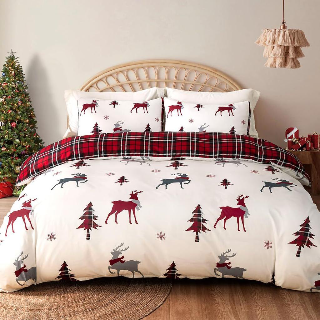 Christmas Snowflake Plaid Printing Quilt Cover Home Textile Bedding Three-Piece Set