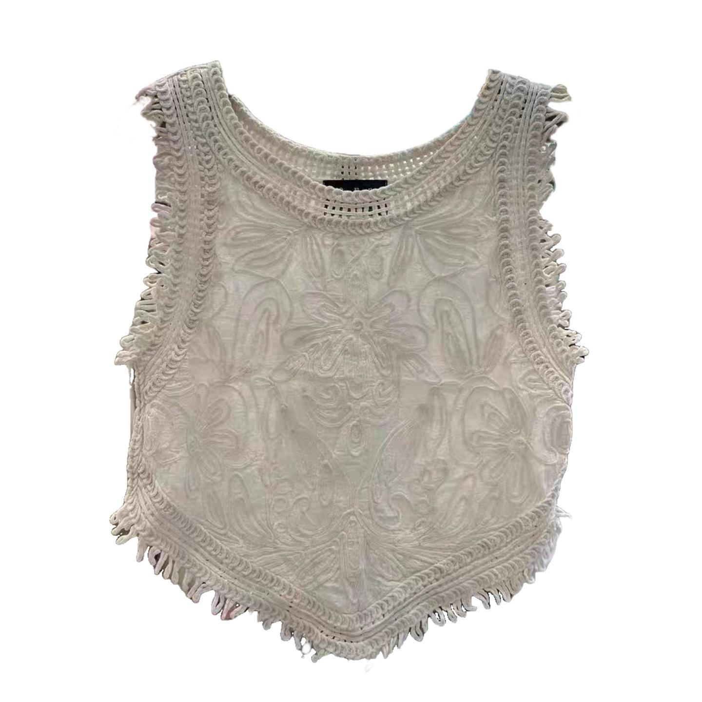 

Летний ретро кружевной женский безрукавный топ-жилет с кисточками из хлопка и льна One Size грязно-белый