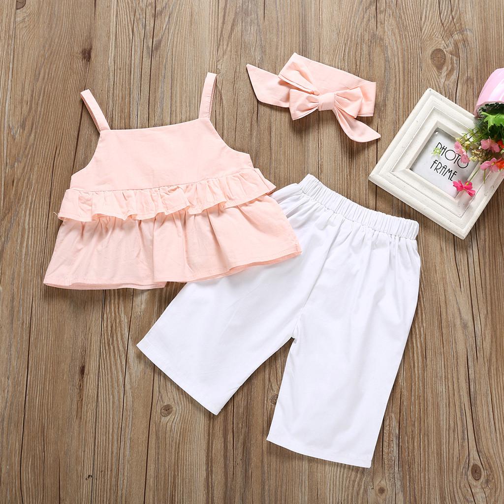 Infant Baby Girls Kids Straps Ruffle Tops T Shirt+Pants+Headband Outfits Set