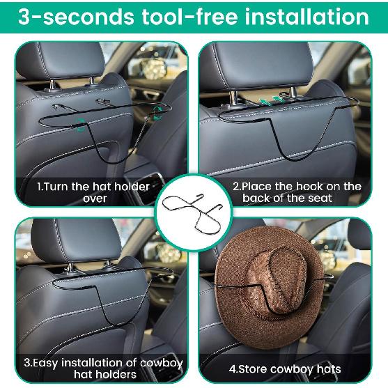 Folding Design Hat Rack For Car, Cowboy Hat Holder For Truck SUV Car(Keep Hat Shape), Automotive Seat Back Hard Hat Holder Car Clothes Hanger, Cowboy