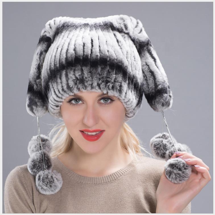 Custom Logo High Quality Winter Warm Knitted Hats Rabbit Long Hair
