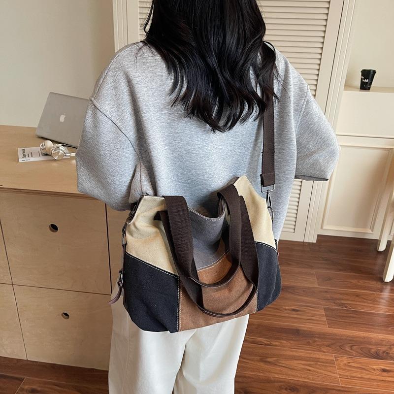 Canvas bag women's large-capacity new summer versatile contrasting color splicing messenger bag class tote bag