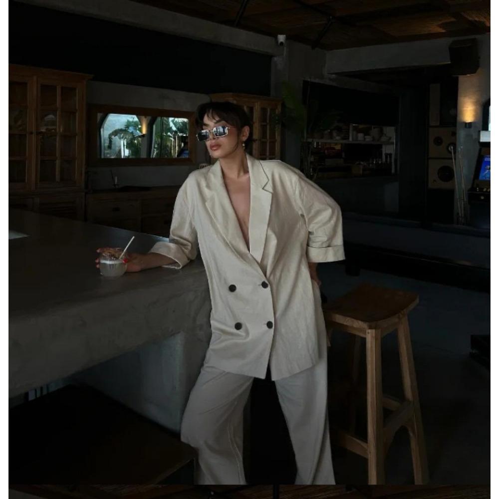 VAYLA Autumn Women Casual Blazer Coat Pants Set Long Sleeve Double Breasted Blazer + Wide Leg Trousers Lady Office Outfit
