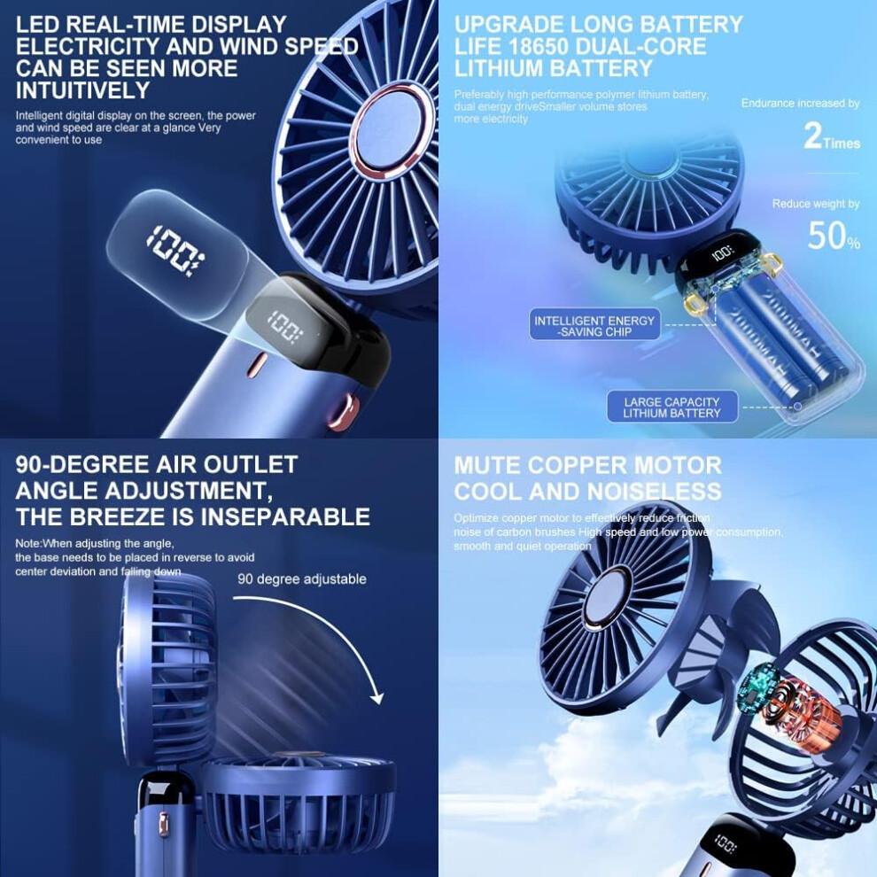 (blue) Portable Handheld Fan,Hanging Neck Fan 90° Adjustable USB Rechargeable 4000mAh Quiet Personal Fan with 5 Speeds