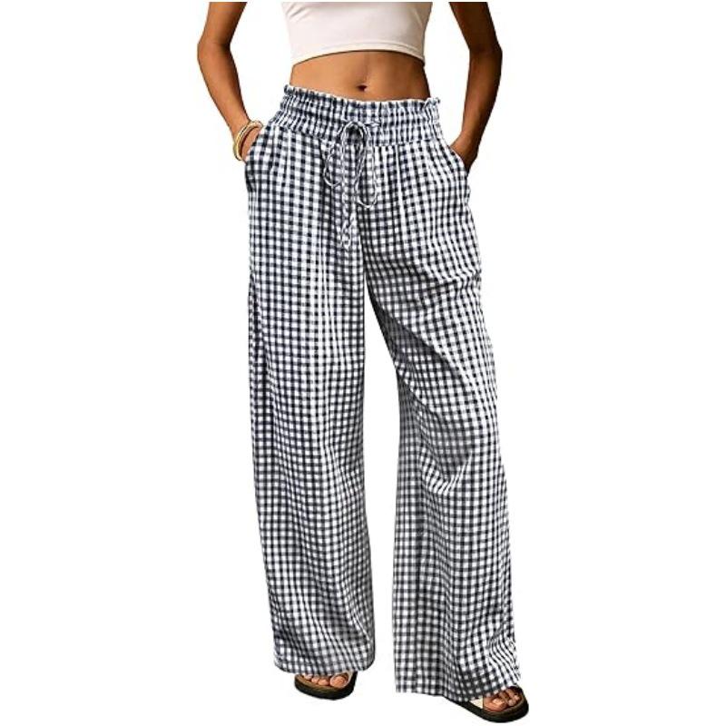 European Plaid Women's Wide-Leg Elastic High-Waist Pajama Pants with Drawstring