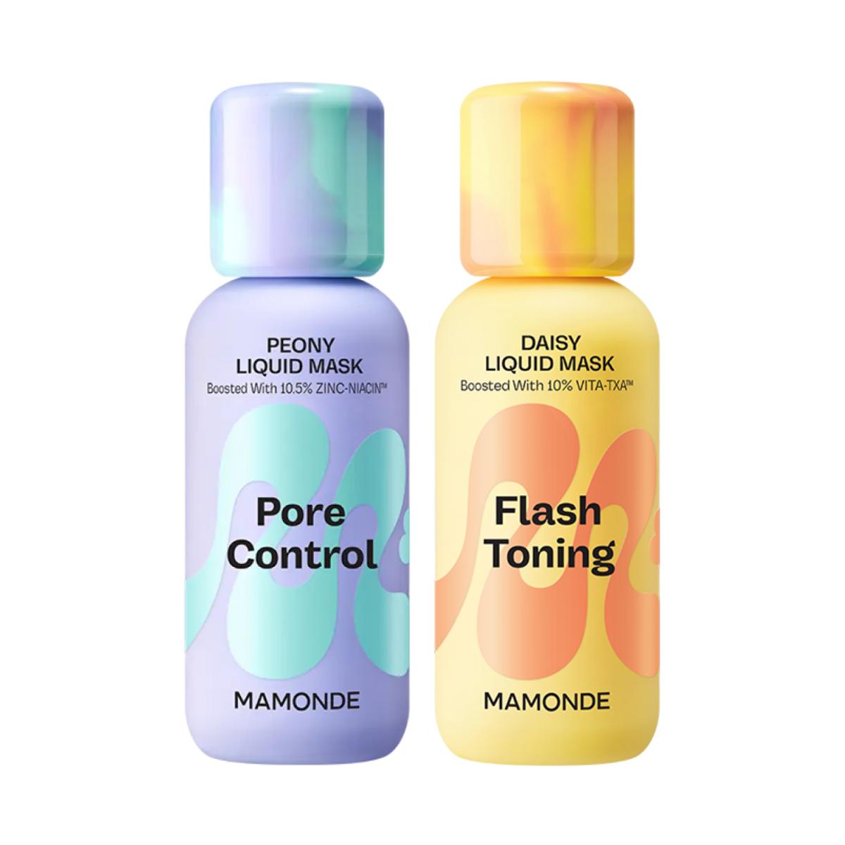 Mamonde Pore Control Peony Liquid Mask 80ml + Flash Toning Daisy Liquid Mask 80ml Set (Sebum-Balancing & Brightening Facial Essence Duo)