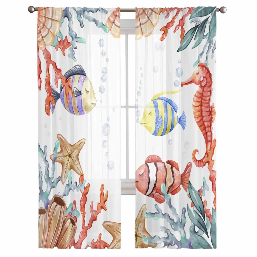 Ocean Coral Fish Watercolor Sheer Curtains For Living Room Kitchen Window Curtains Bedroom Tulle Voile Curtains