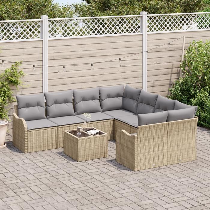 VidaXL Canapé de Jardin 9 Pièces avec Coussins Beige Rattan Poly 3345640