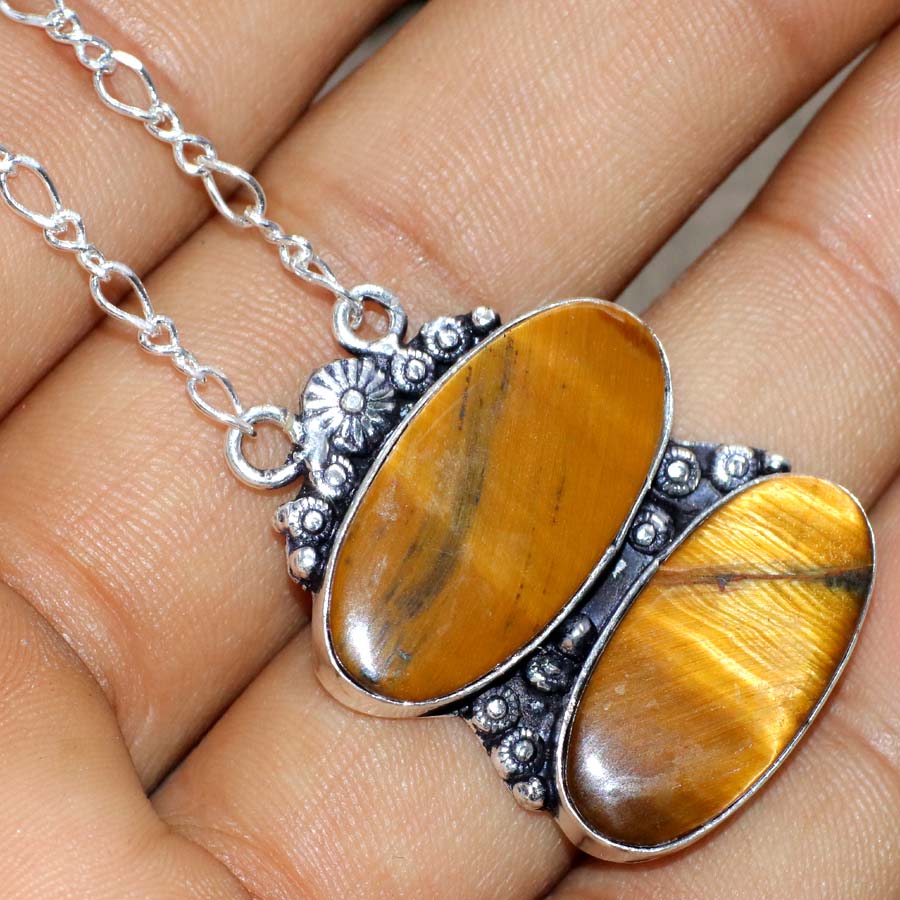Two-Stone Tiger Eye 925 Silver Plated Necklace 18" Layering Friendly Design W5H74