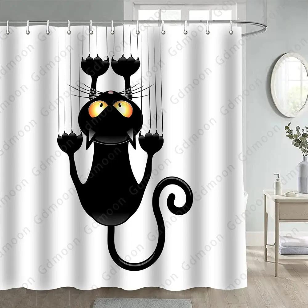 Egyptian Cat Shower Curtain Ancient Black Cat Animal Mystic Wizard Divination Astrolabe Moon Starry Sky Tarot Bathroom Curtains
