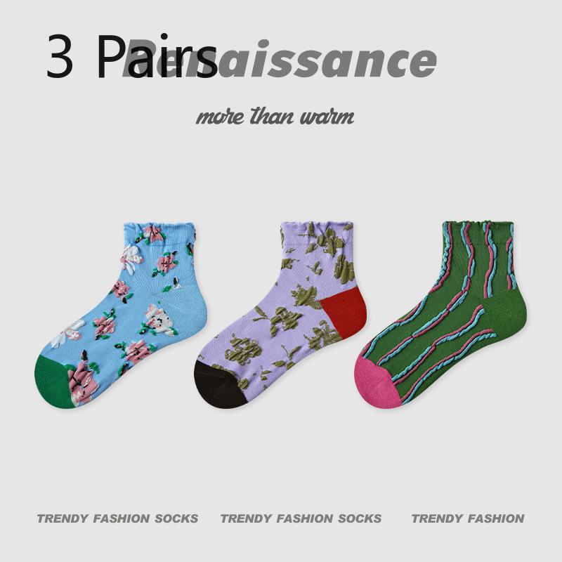 3 Pairs of Women's Summer Thin Geometric Design Breathable Stripe Low Top Socks