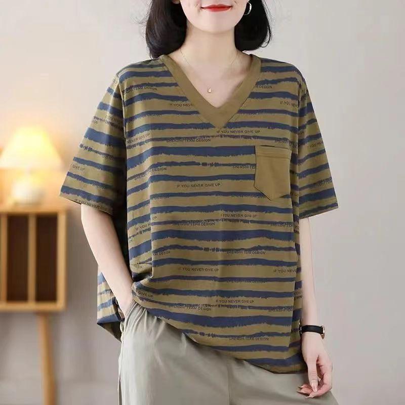 

Large Size Striped Fashionable Short-sleeved Women s V-neck Casual and Versatile Loose Flesh Covering To Make Them Look Slimming T-shirt for Women 5XL