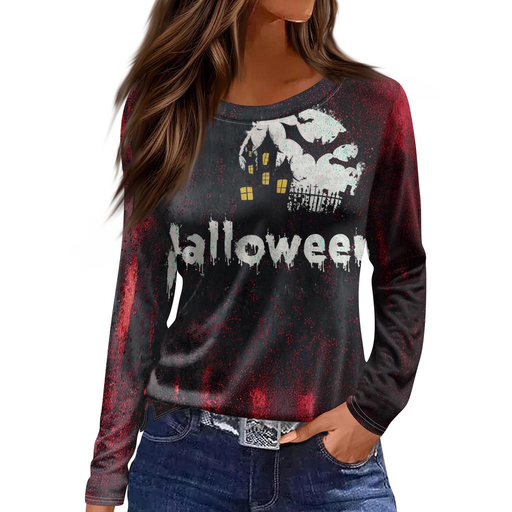Women's Halloween Print Long Sleeve Top with Side Slit Round Neck for Casual Everyday Wear