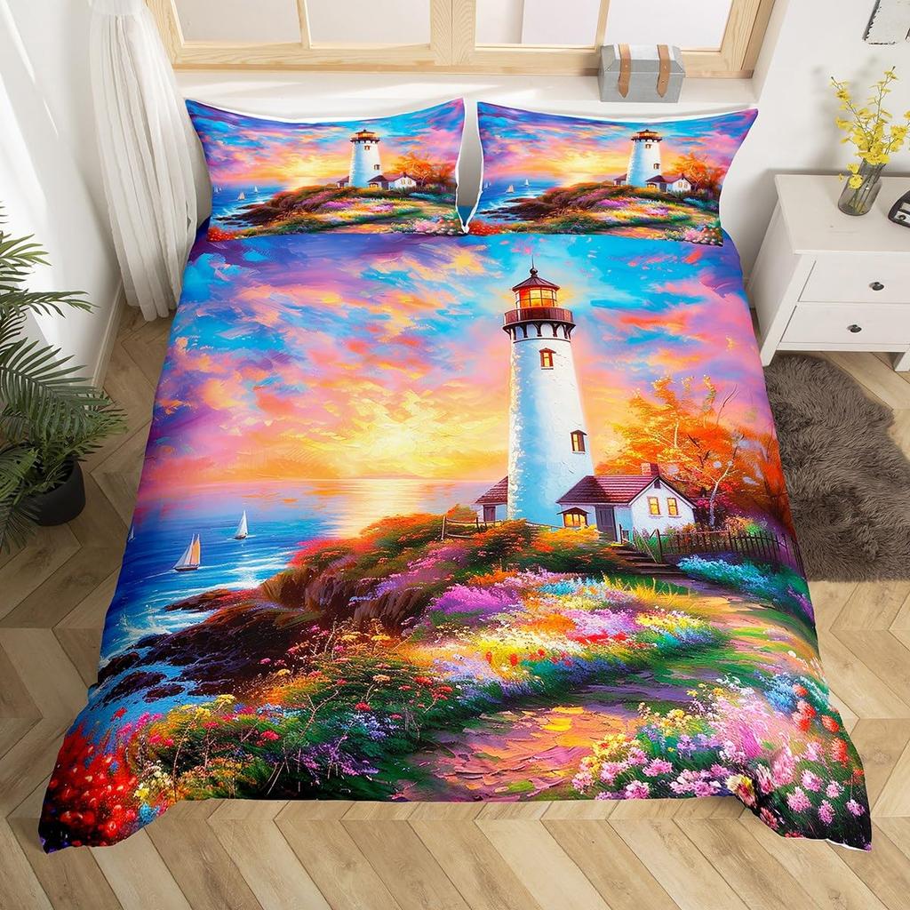 Ocean Beach Duvet Cover Full Lighthouse Comforter Cover Floral Butterfly Bedding Set for Adults Kids Summer Vacation Quilt Cover