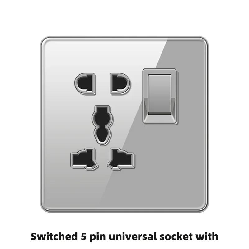Deluxe Grey Tempered Glass Panel UK 13A Plug Electrical Socket, Double 5 Pin Socket and Switch, EU Universal USB C Wall Socket