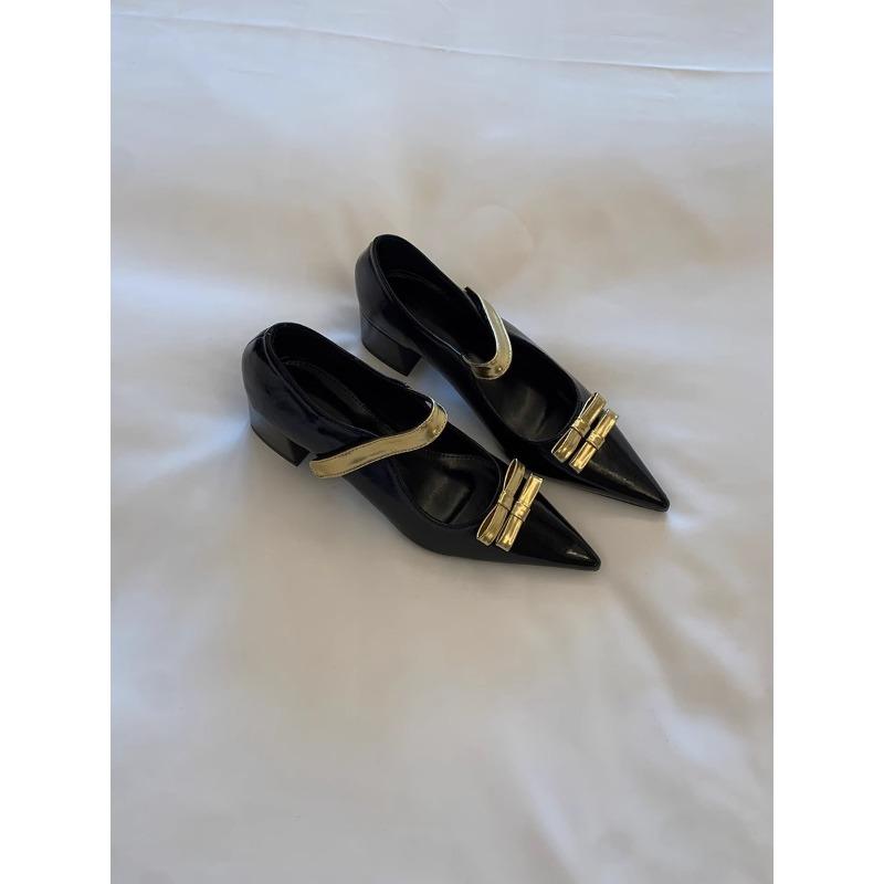 

Temperament! Mary Jane shoes high heels new pointed bow Velcro collage black thick heels 40 золотий