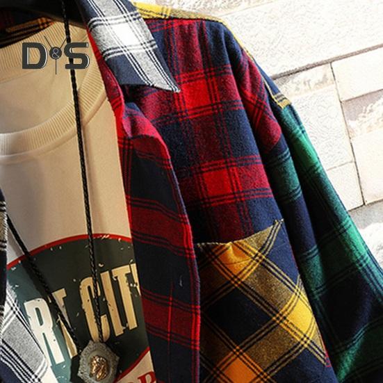 Men Spring Shirt Colorblock Plaid Print Single-breasted Loose Long Sleeve Lapel Buttons Streetwear Casual Cardigan Shirt Coat