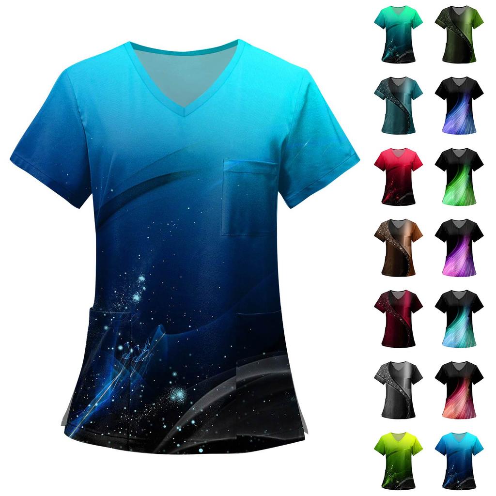 Women's Fashion Printed Short Sleeve V Neck Pattern Tops Pocket Working T-shirts