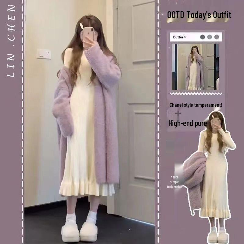 Early Autumn Knit Slimming Fishtail Skirt and Sweater Dress Set