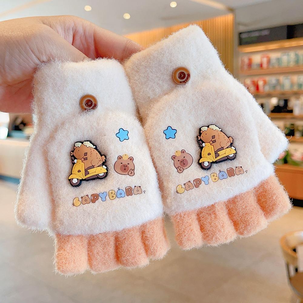 

Thickened Capybara Winter Flip Gloves 5-12Years Old Kids Knitted Mitten Half Finger Gloves School бежевий
