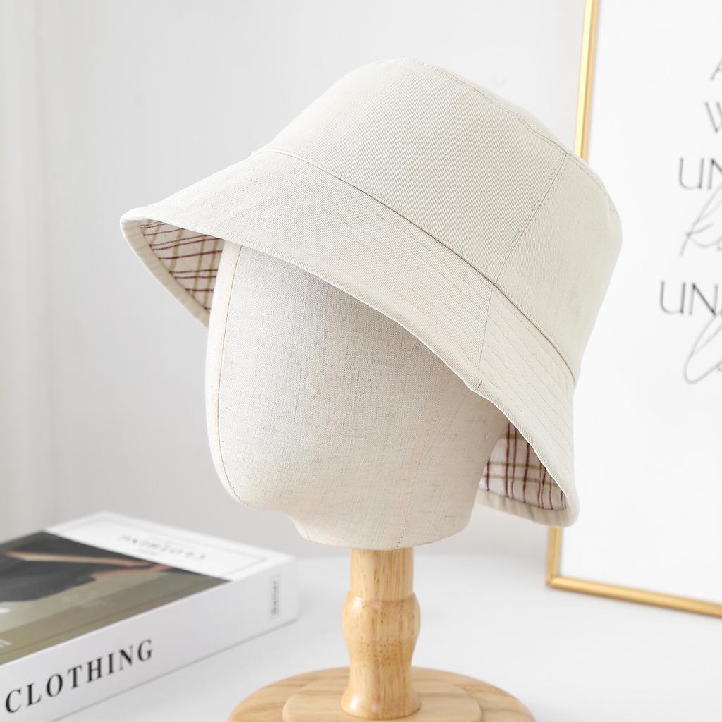 Autumn Winter Bucket Hat Women Double Sided Plaid Fisherman Cap Flat Top Foldable Sunshade Korean Style Casual Vintage