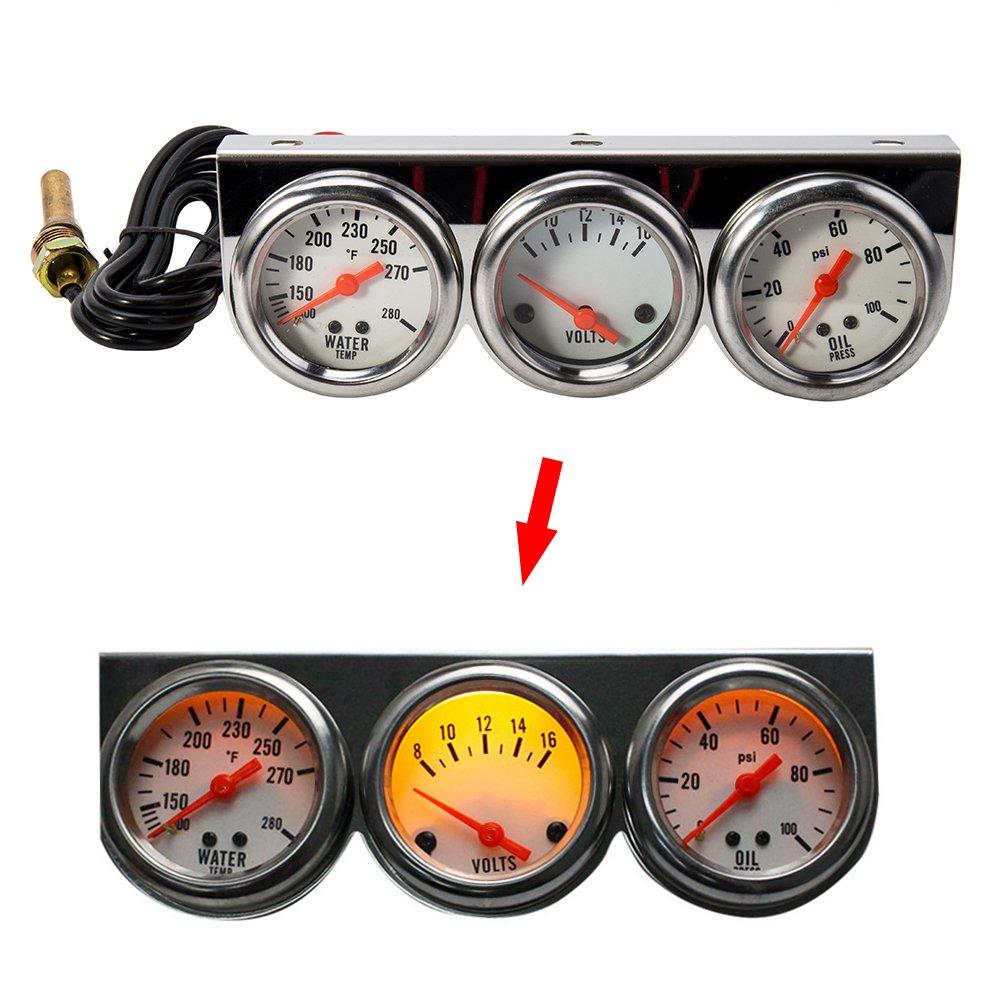 Triple Gauge Kit, 3 In 1 Car Oil Volt Water Gauge, Chrome Housing, White Face, Red Needles, 51Mm Size, 100-280F Water Temp, 8-16V Volts, 0-100Psi Oil