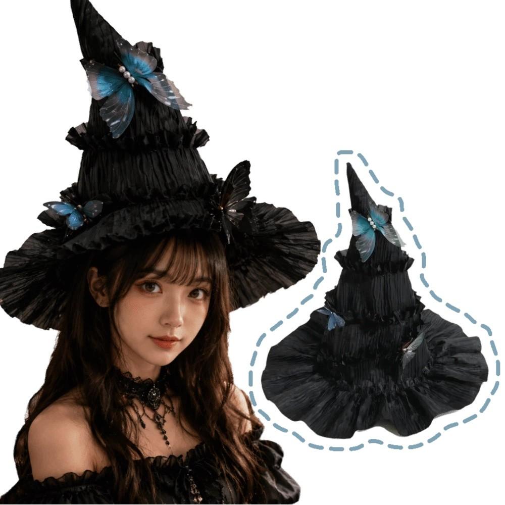 Tall Pointed Cone Top Halloween Hat Gothic Ruched Masquerade Cap Lolita Witch Hat  Masquerade Ball