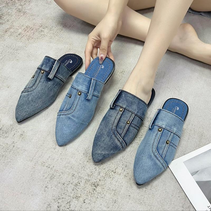 Fashion Denim Wrapped Slippers Autumn New Pointed Toe Deep Mouth Rivet Soft Sole Non-Slip Wear-Resistant Flats