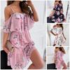Women Dress Ruffle Spaghetti Strap Patchwork Off Shoulder Short Sleeve Lady Sling Dress for Beach
