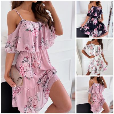 Women Dress Ruffle Spaghetti Strap Patchwork Off Shoulder Short Sleeve Lady Sling Dress for Beach
