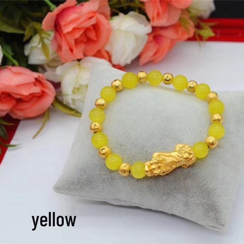 Gold-Plated Pixiu Bracelet with Red & Green Chalcedony - Unisex Fashion Jewelry