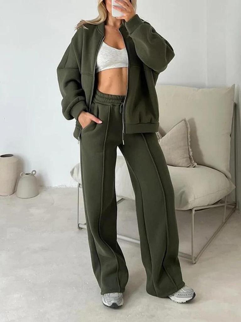 Women's Casual Sportswear Set Zip-Up Hoodie with Wide Leg Pants In Army Green, Dark Green, Gray, Brown, Beige