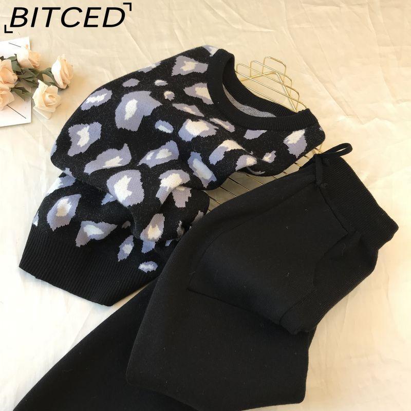 

BITCED Осіння колекція Instagram Персоналізований пуловер з леопардовим принтом В язаний светр з довгим рукавом + Простий набір облягаючих штанів S чорний