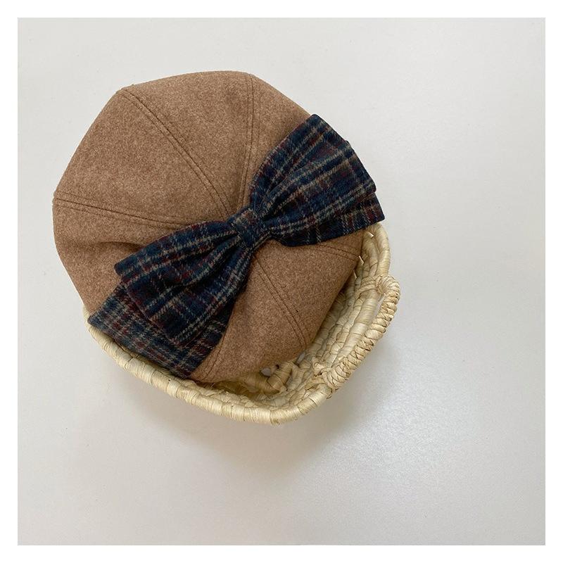 Детский берет Осень и Зима Черный Клетчатый Бант Шерстяная Шляпа Художника Девочки Мода Универсальная Шляпа-берет 50-54cm