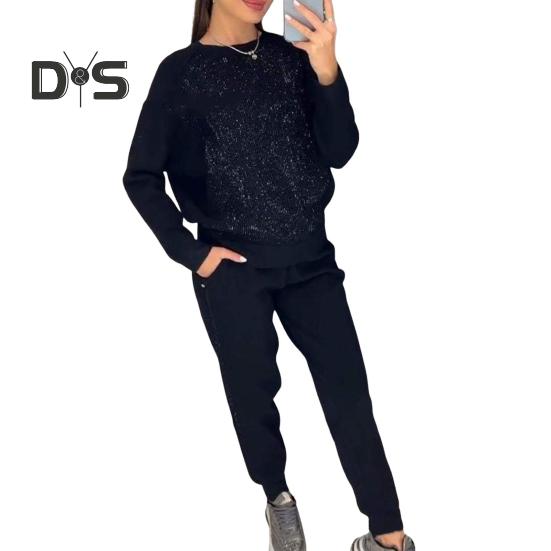 

2 шт./комплект женский топ брюки костюм со стразами декор О-образный вырез длинные рукава пэчворк спортивный свитшот эластичный пояс брюки фитнес-наряд осень весна XXL чёрный