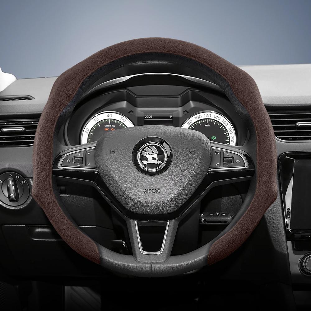 Suitable for Skoda Premium Suede Snap-On Steering Wheel Cover, Non-Slip and Durable, Round and D-Shaped Steering Wheel Available for Octavia 